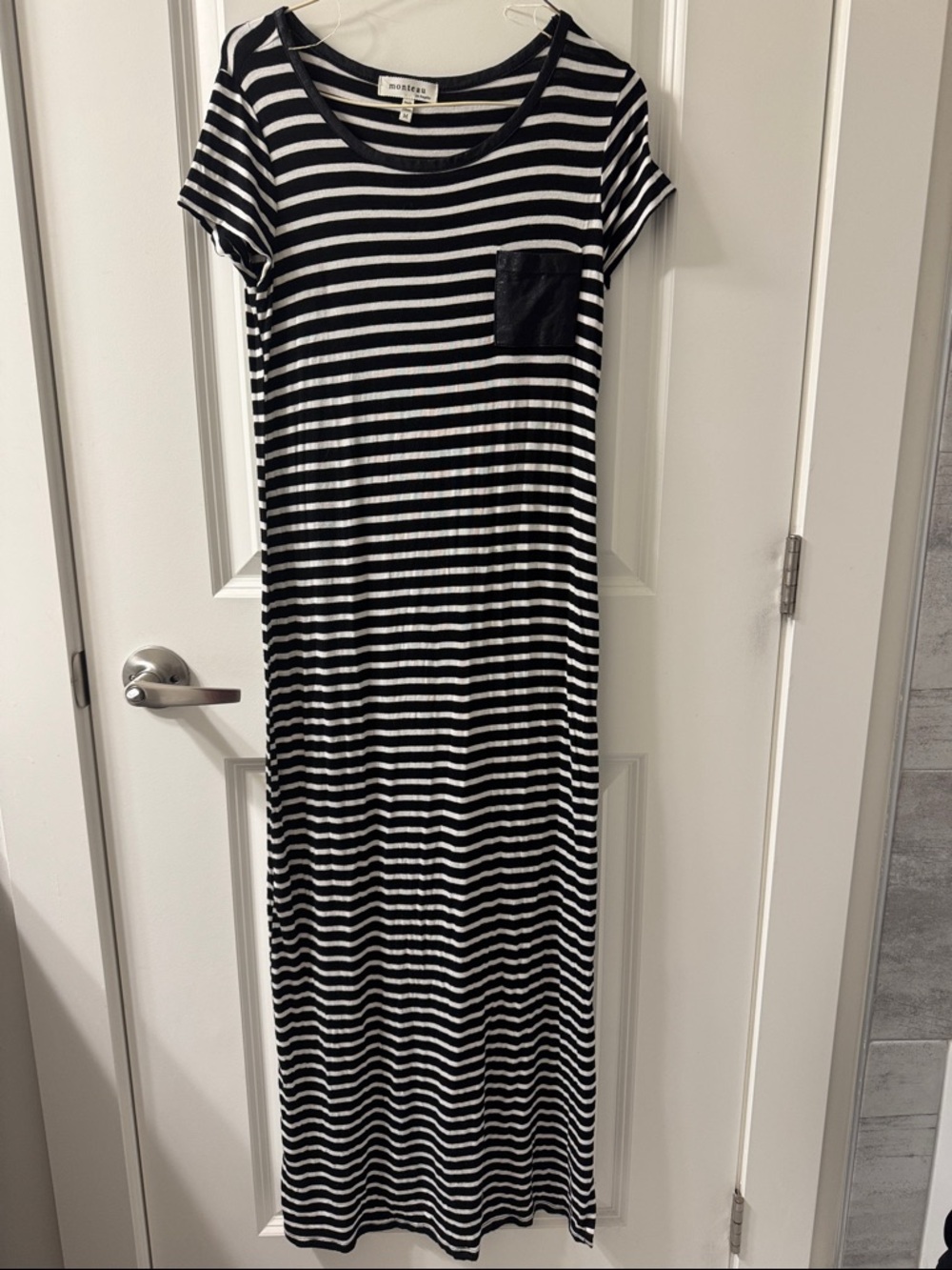 Monteau Black & White Striped Tee Maxi Dress with Faux Leather Neck Trim+Pocket